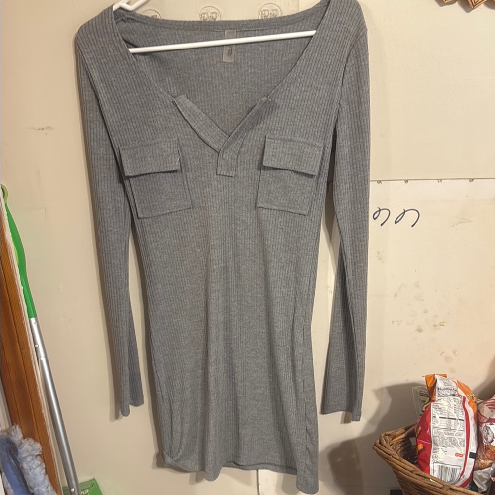 Gray Ribbed Long Sleeve Dress